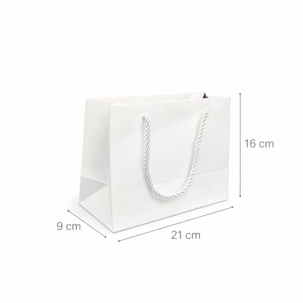 שקיות קרטון לבנות במידה 21/9/16 (לרוחב) עם ידית שרוך יוקרתית , 10 יחידות