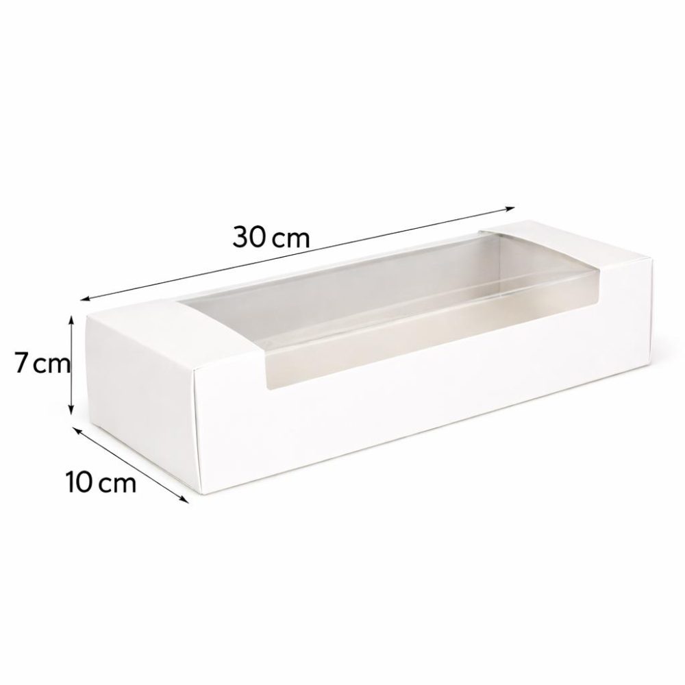 קופסאות קרטון עם חלון שקוף במידה 30/10/7 ס”מ (אינגליש קייק) – לבן 25 יחידות