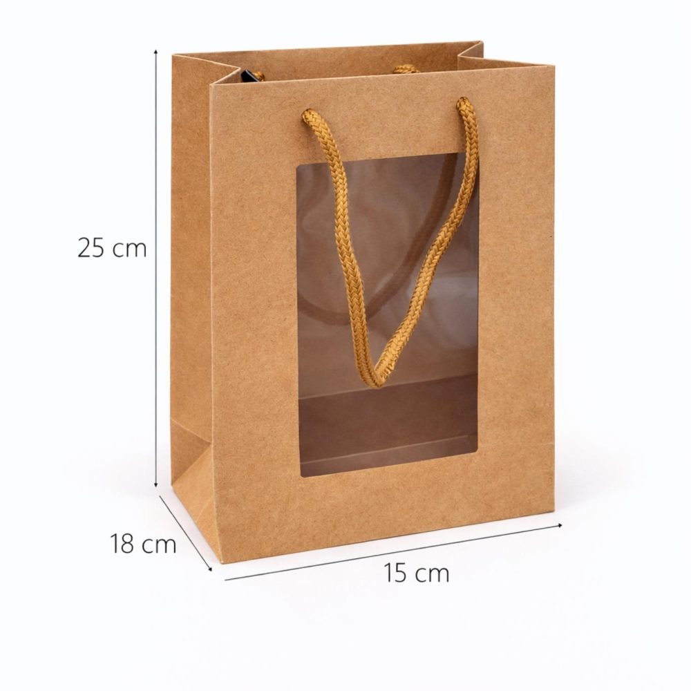 שקיות קרטון עם חלון 25/18/35 , 12 יחידות – צבע טבעי