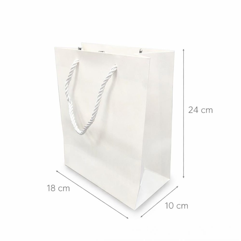 שקיות קרטון לבנות במידה 18/10/24 (לאורך) עם ידית שרוך יוקרתית , 10 יחידות