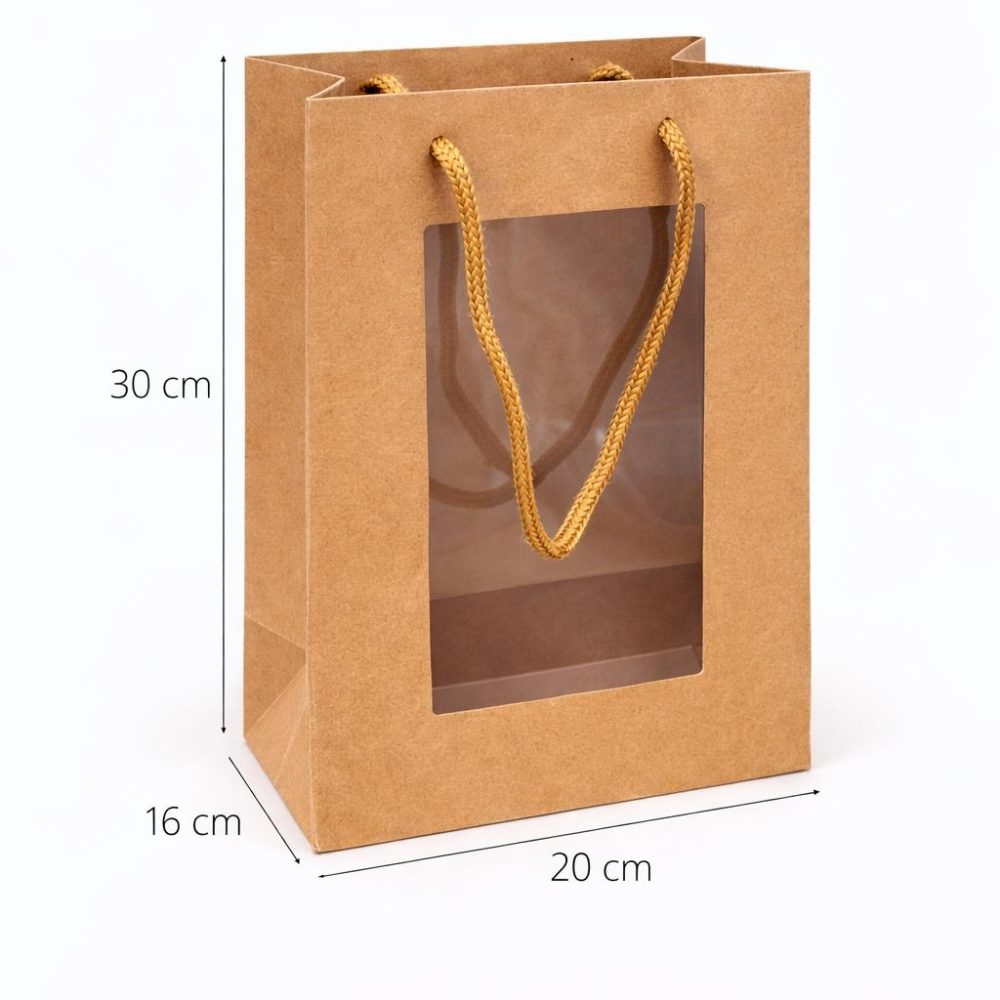 שקיות קרטון עם חלון 20/16/30, 12 יחידות -צבע טבעי