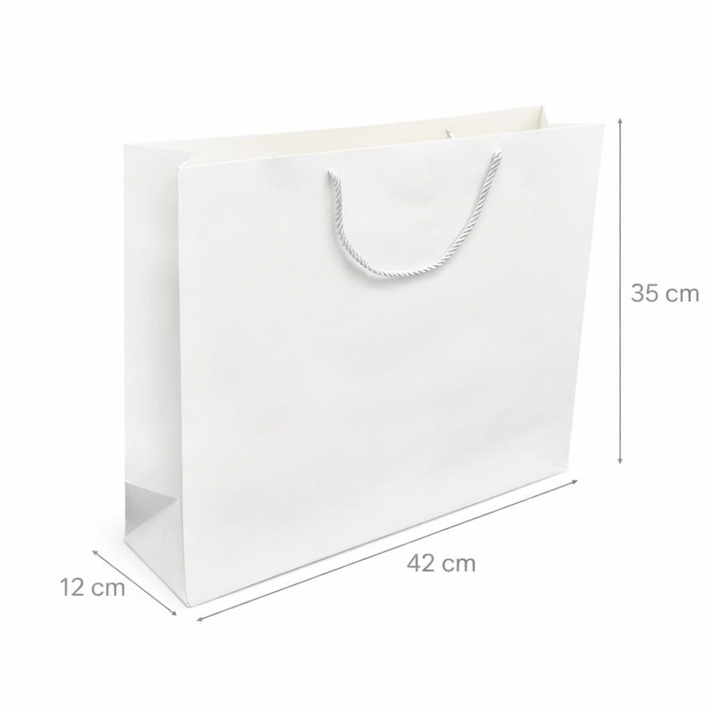 שקיות קרטון לבנות במידה 42/12/35 (לרוחב) עם ידית שרוך יוקרתית , 10 יחידות