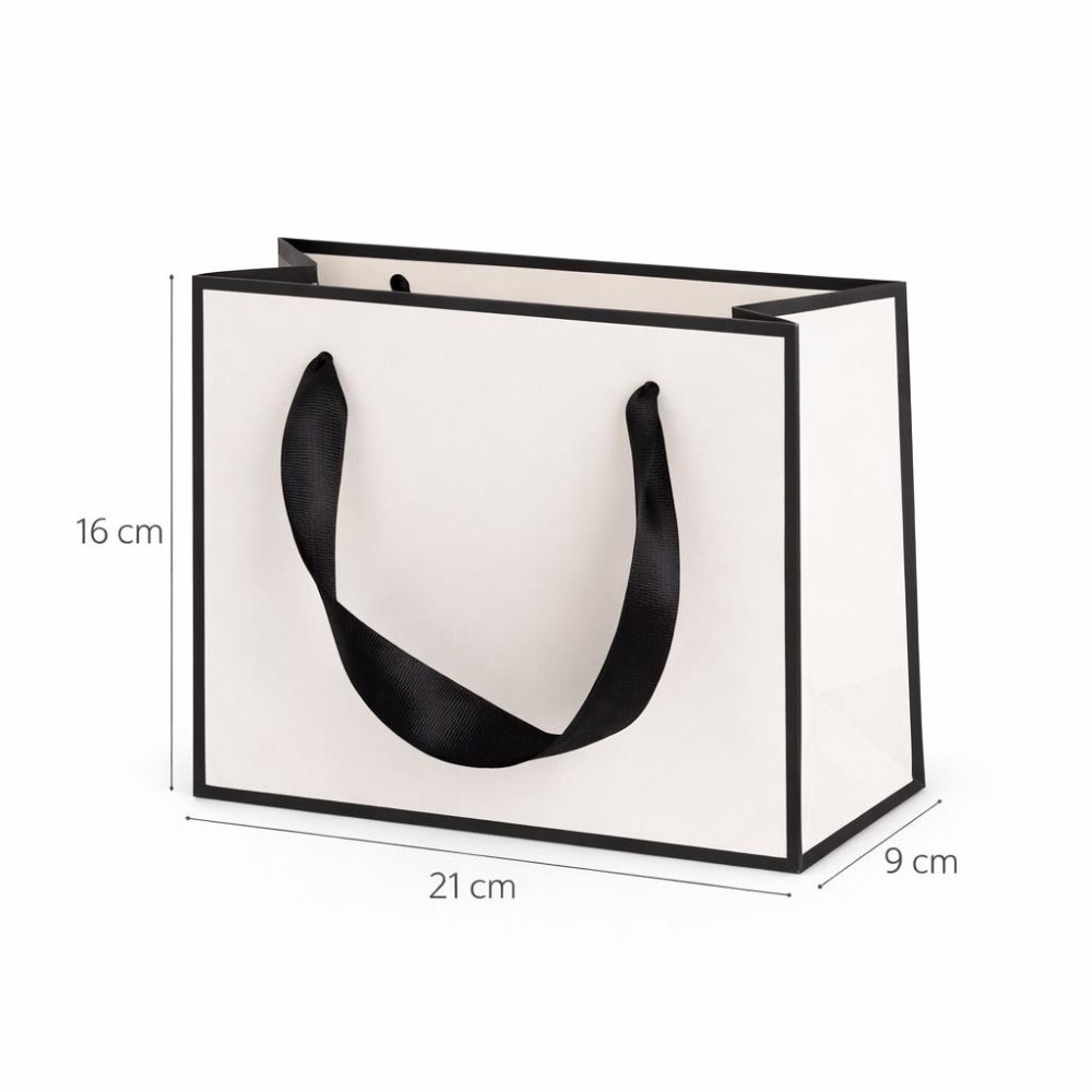 שקיות קרטון עם ידית סאטן 21/16 , 10 יחידות צבע לבן מסגרת שחורה