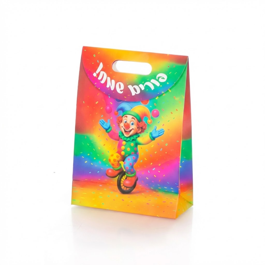 שקית קלפה פורים שמח- דגם ליצן על חד אופן